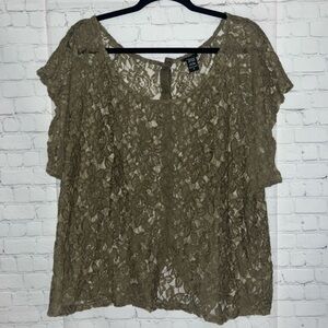 Torrid Olive Green Lace Button Back Short Sleeve Top Plus Size